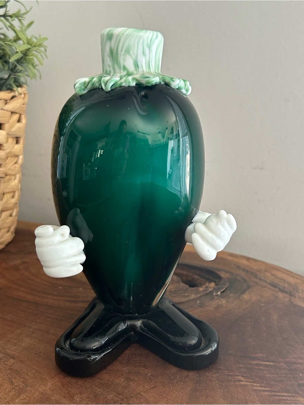 Hand-Blown Green Glass Character Figure with white hands Vase by Murano 6.5”H